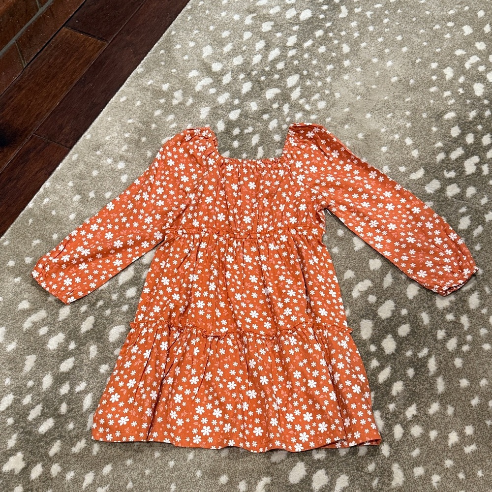 Girls' Orange Floral Tiered Casual Dress